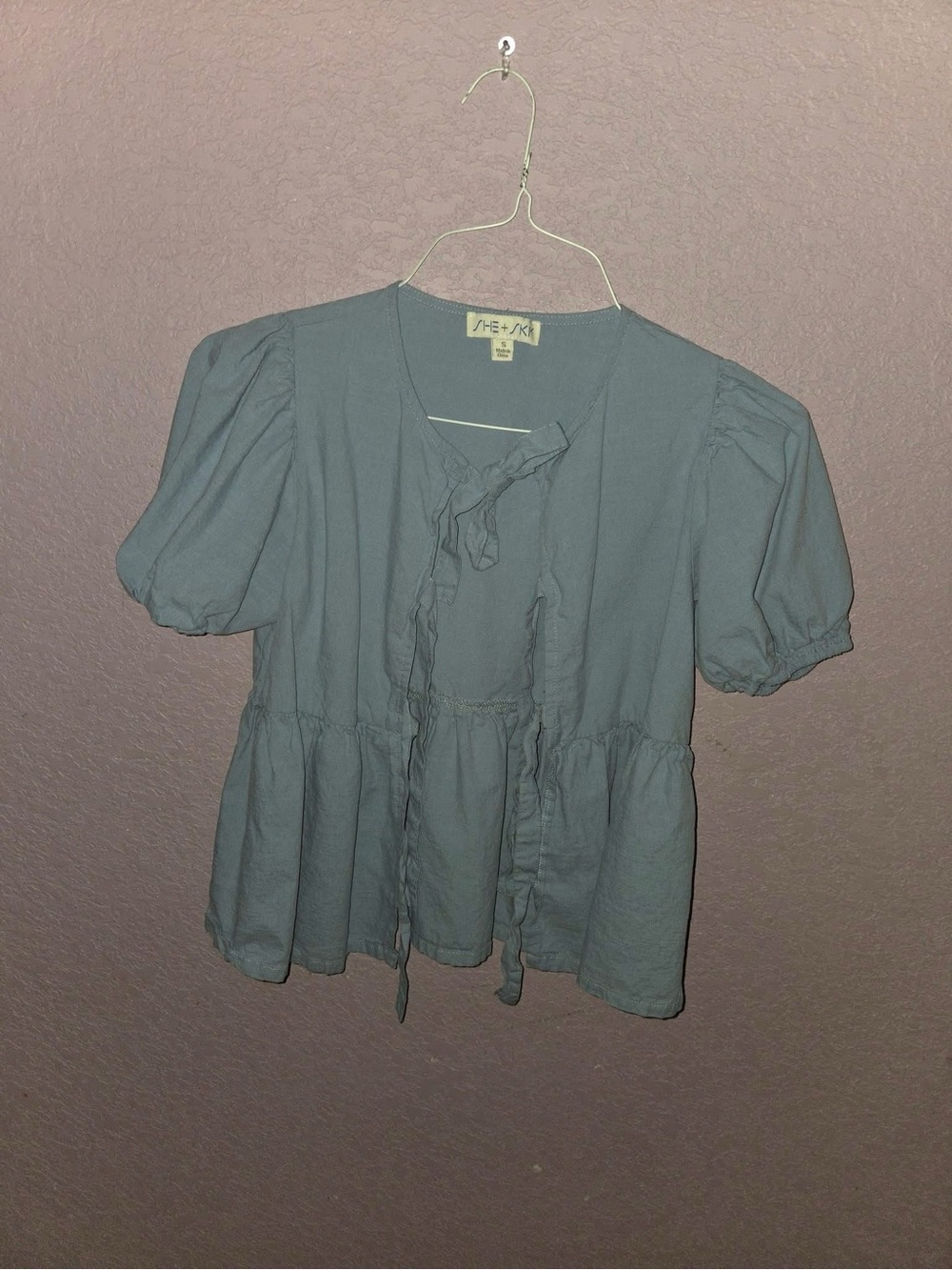 She + Sky Dusty Blue Puff-Sleeve Tie-Front Blouse